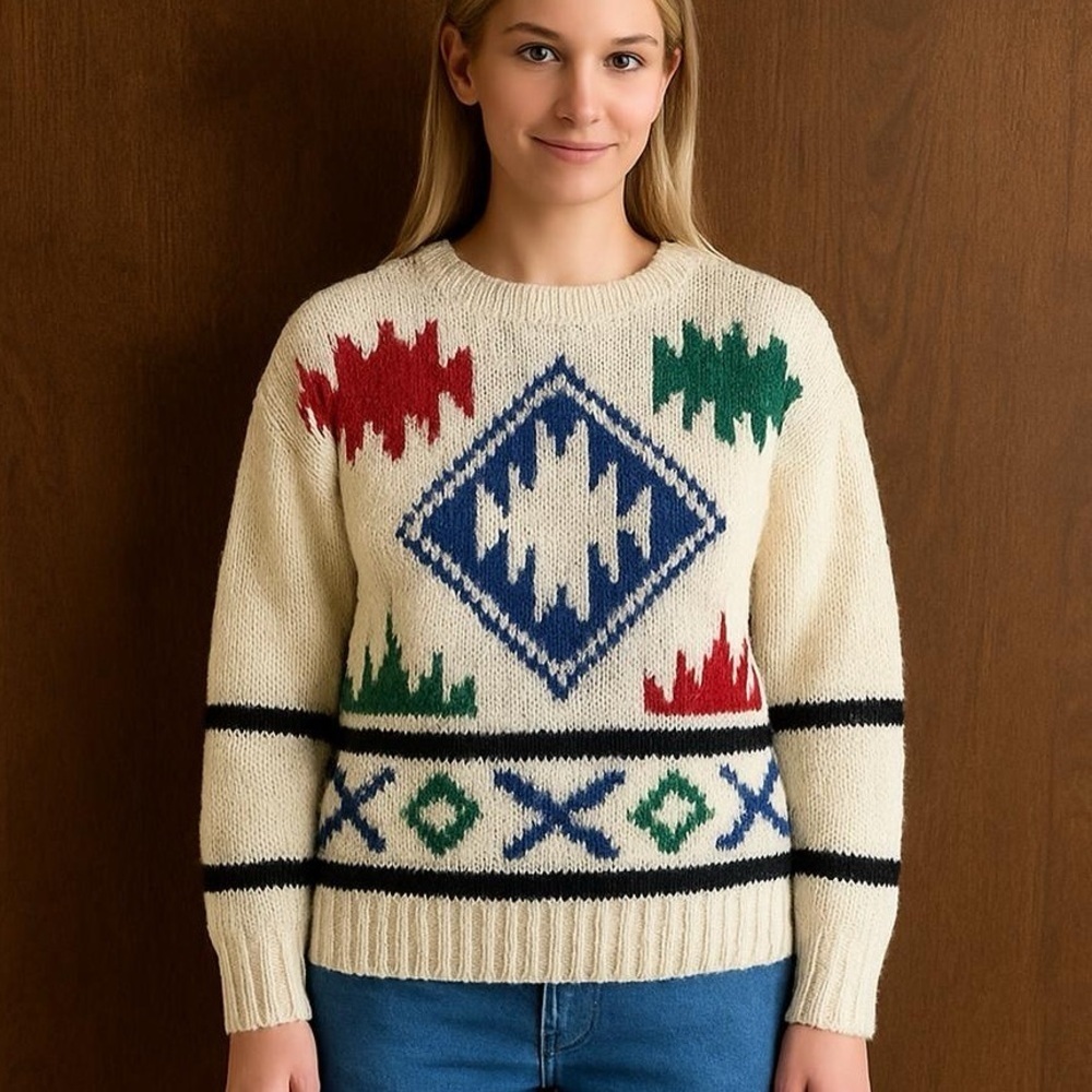 One Step Up | 80s Crewneck Sweater w/Colorful Aztec Print, Size M